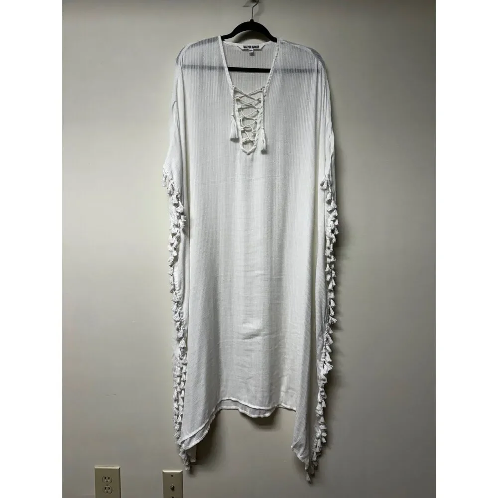 WALTER BAKER Fringe Acapulco Kaftan Swim Cover Up, Ivory, OS